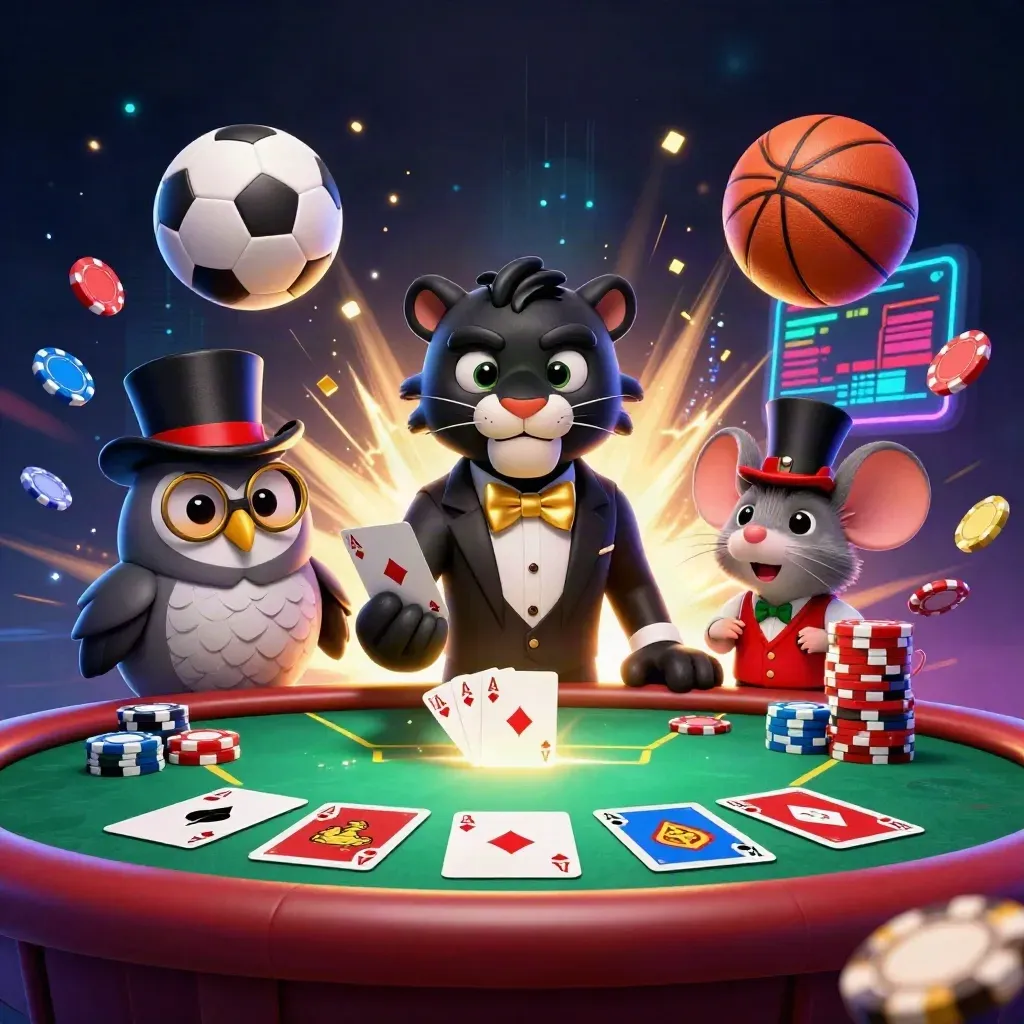 Panther, owl, and mouse at a glowing casino table with balls, chips, and neon effects.