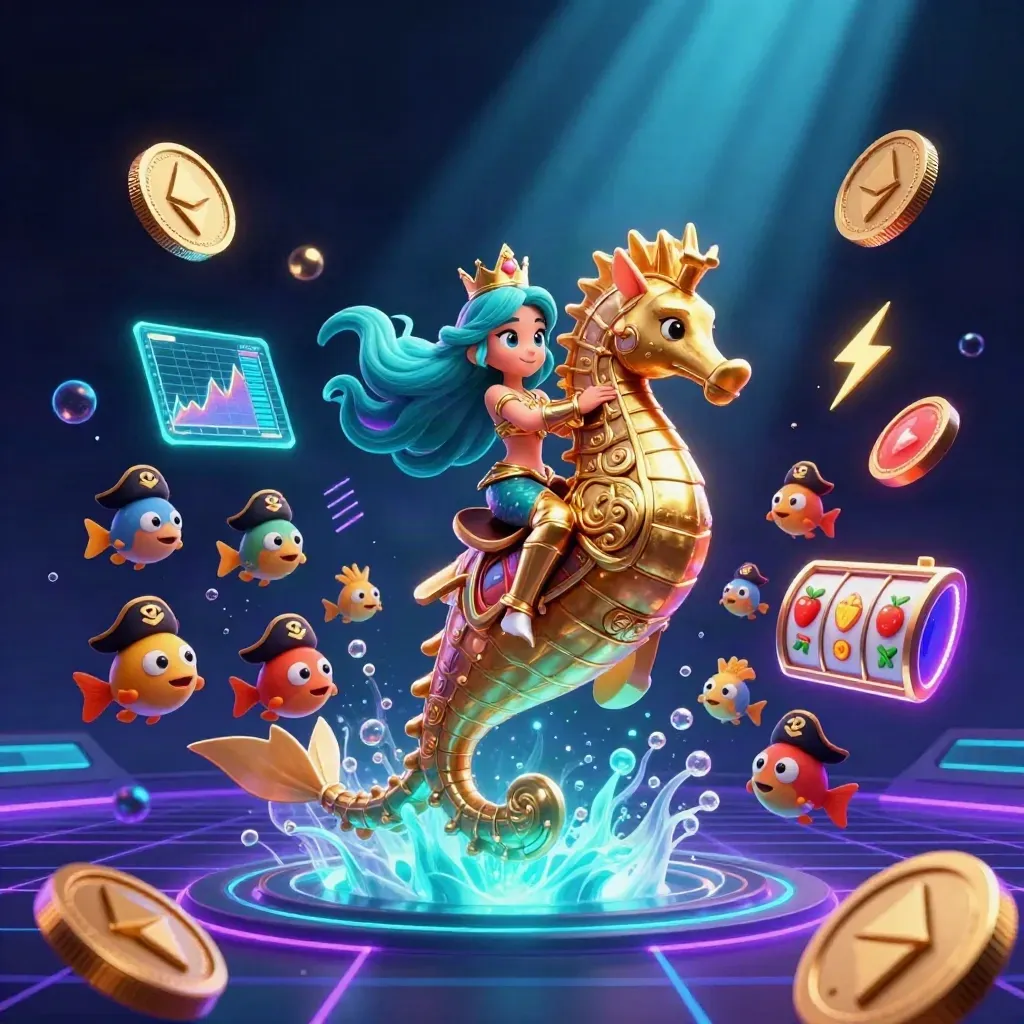 Mermaid princess riding a gold seahorse with fish, coins, lightning, and neon underwater treasure glow.
