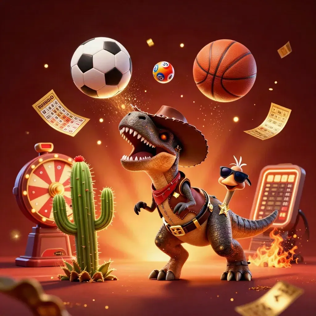 Cowboy T-Rex, cactus, and roadrunner amid balls, bingo card, prize wheel, and casino sparks.