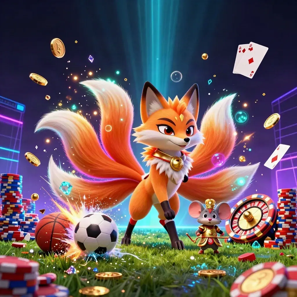 Fox spirit and armored mouse blast through neon casino sports chaos with coins, chips, and balls