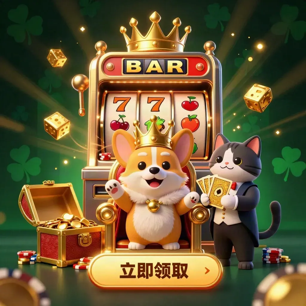 Royal corgi and cat butler amid exploding slots, gold, dice, and treasure on dark emerald backdrop
