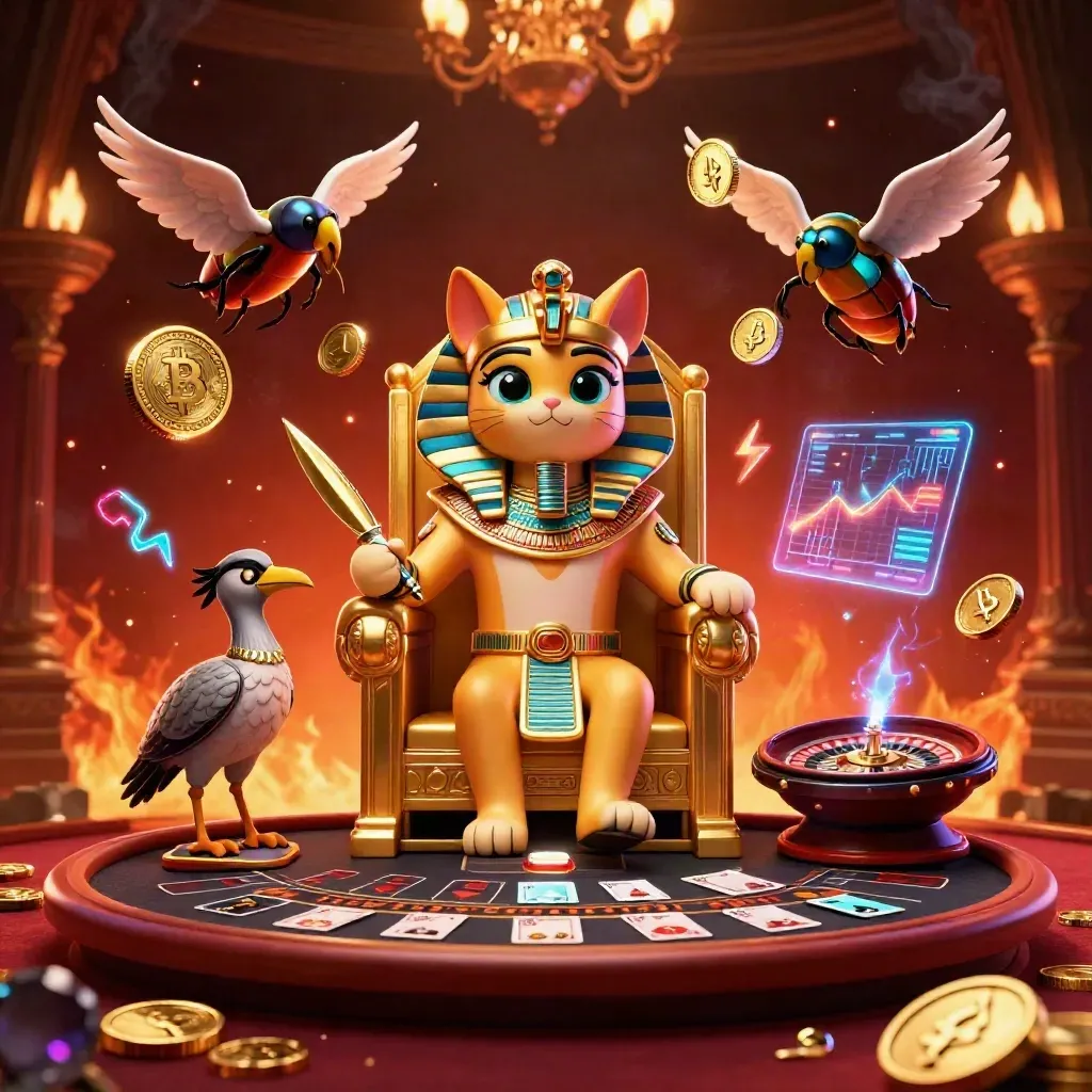 Pharaoh cat and scribe in a jeweled casino with floating coins, embers, and neon lightning.