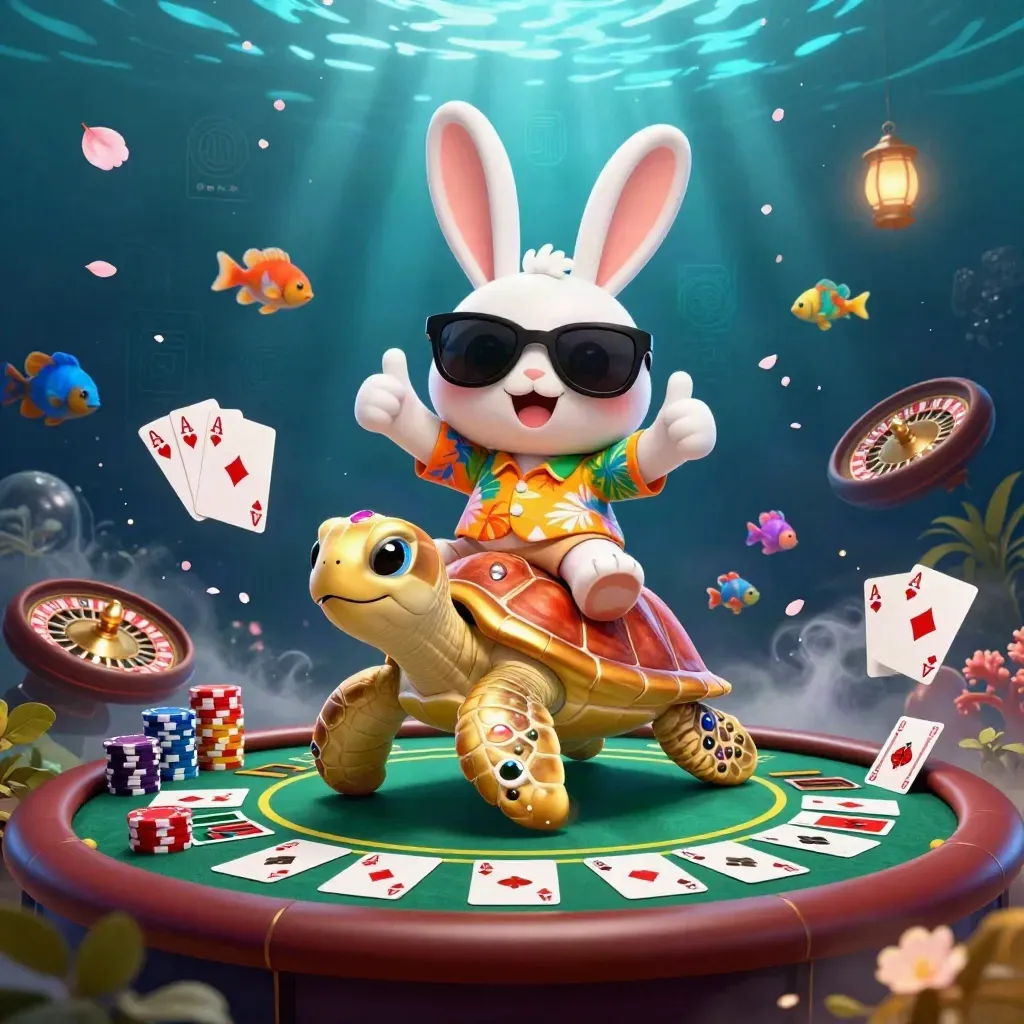 Lucky rabbit rides a jeweled sea turtle through a glowing underwater casino with cards, chips, and tropical fish.