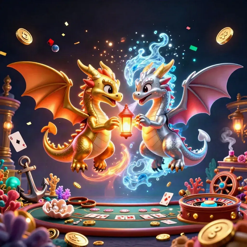 Twin gold and silver dragons soar over a glowing underwater casino cove with treasure and sparks.