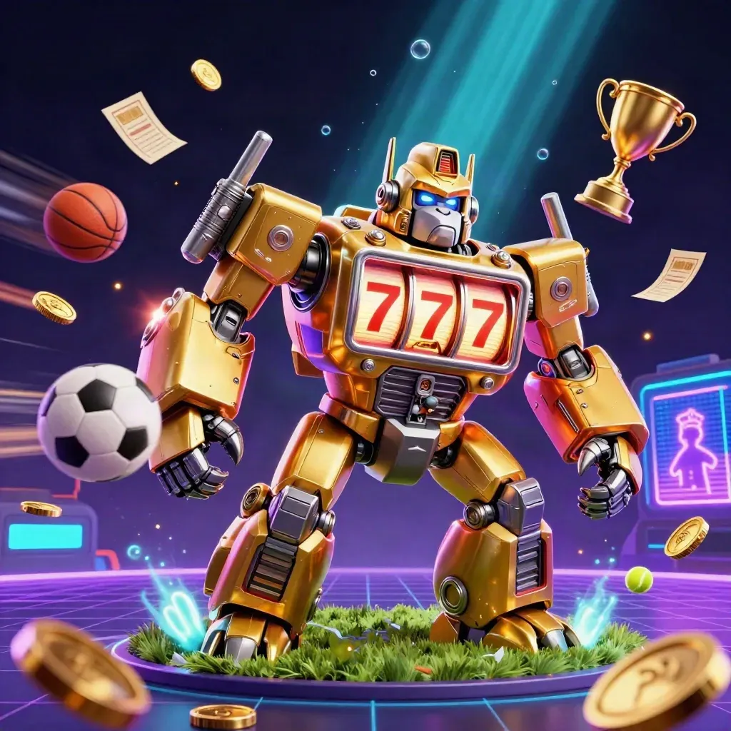 Golden gorilla mech hurls sports balls and coins in a neon casino storm.