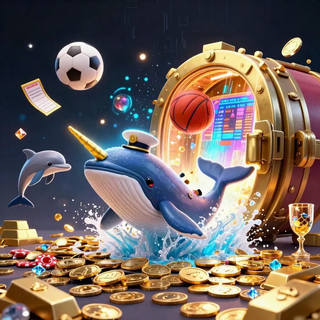 Whale captain, narwhal, dolphins, and sports balls burst through coins and vault light.