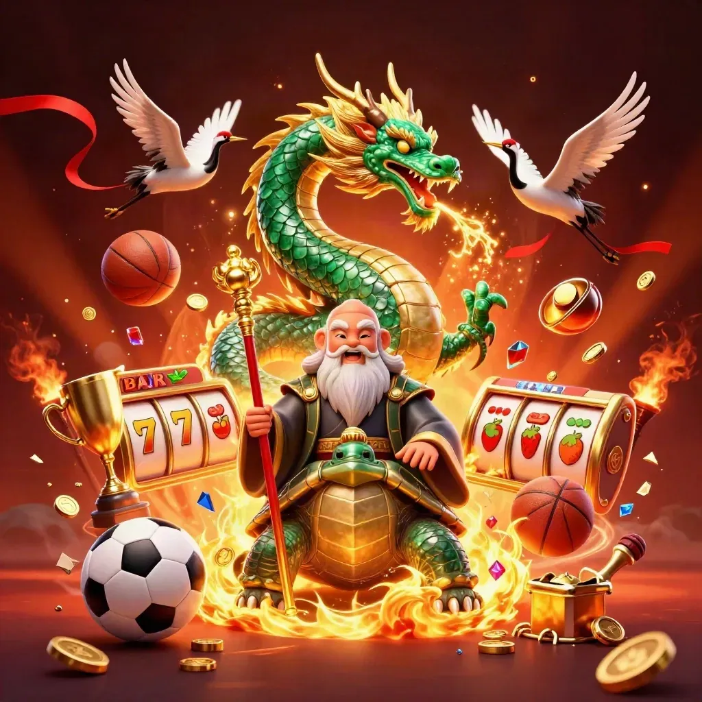 Emerald dragon, turtle sage, and cranes amid gold fire, coins, sports balls, and casino chaos.