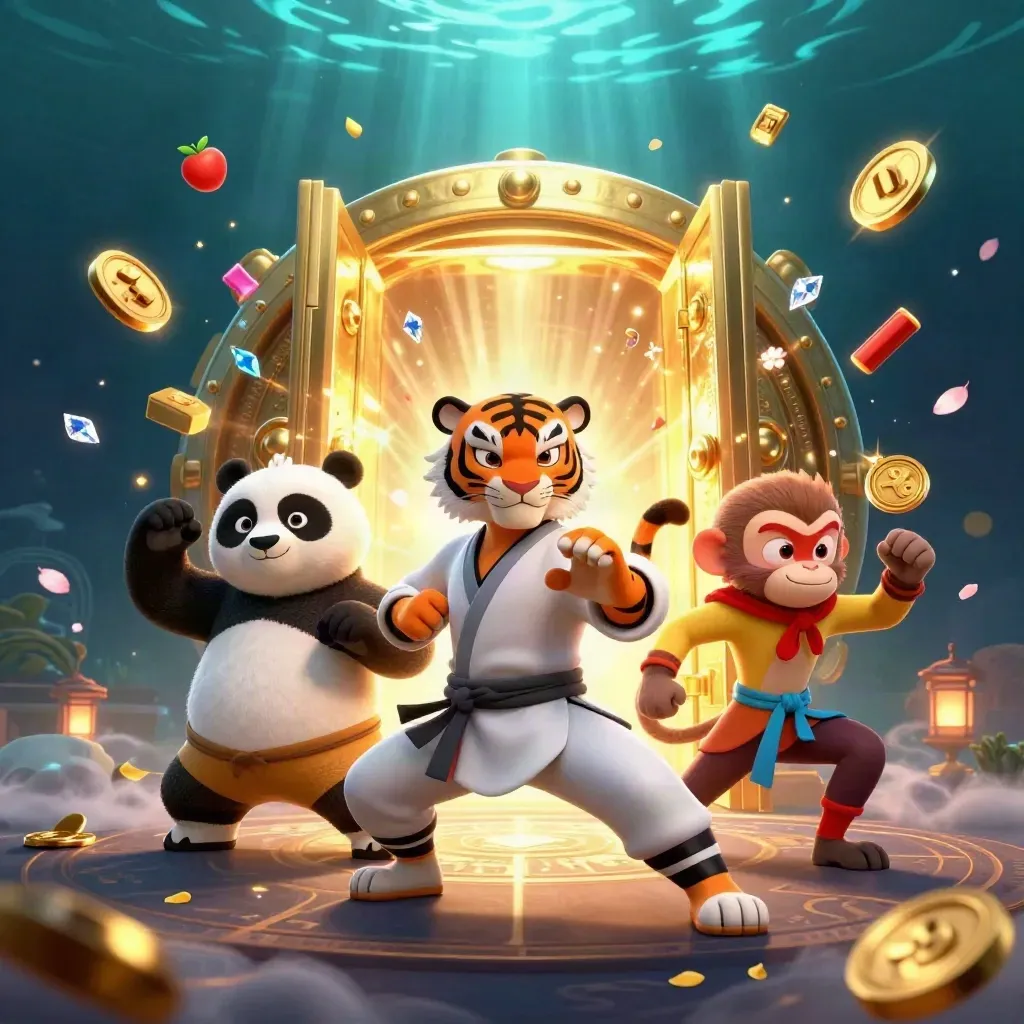 Tiger, panda, and monkey burst around a glowing vault with gold, gems, and teal underwater light.