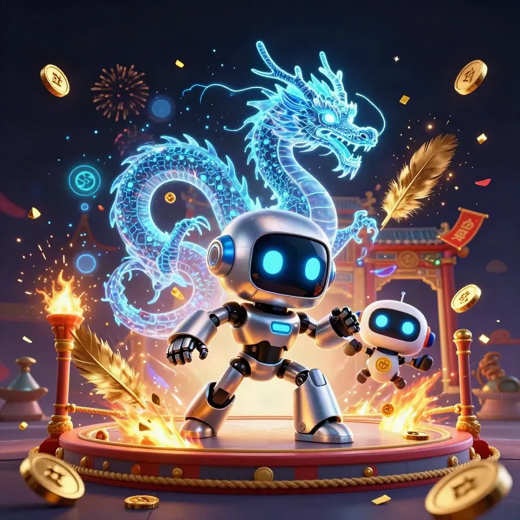 Robot mascot, holographic dragon, and drone amid temple treasures and cyan magic.