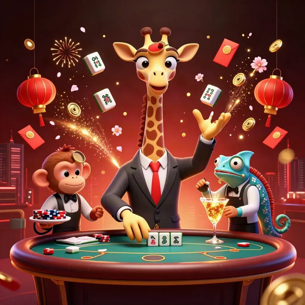Fantasy casino trio: giraffe high roller, monkey valet, chameleon bartender amid glowing coins and lanterns.