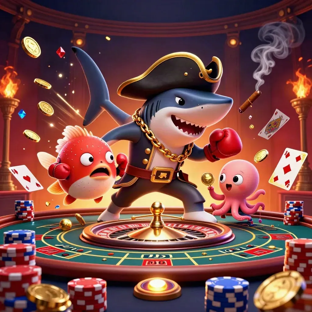 Pirate shark, boxing pufferfish, and juggling octopus amid casino coins and jewels
