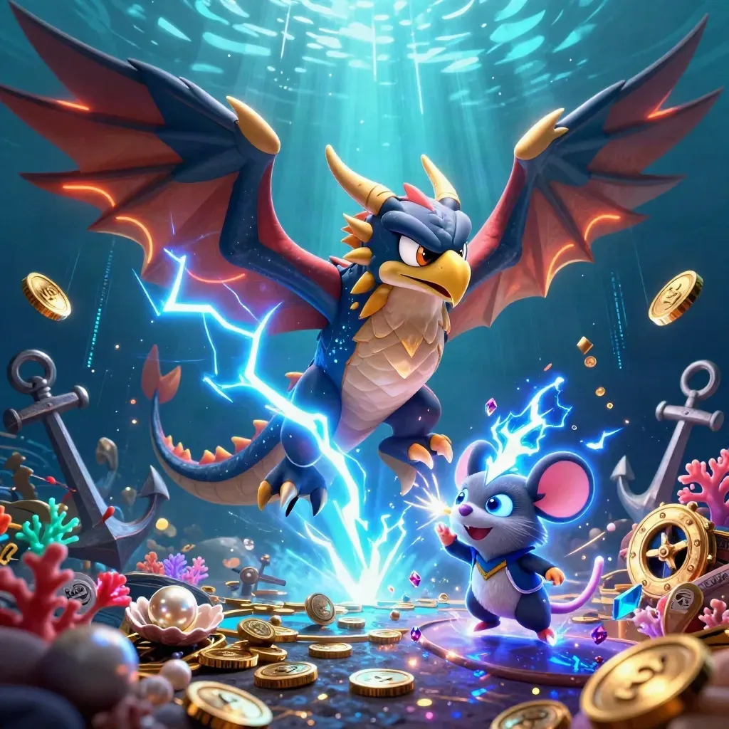 Thunder dragon, hawk, and mouse in an underwater treasure burst with lightning and gold coins.