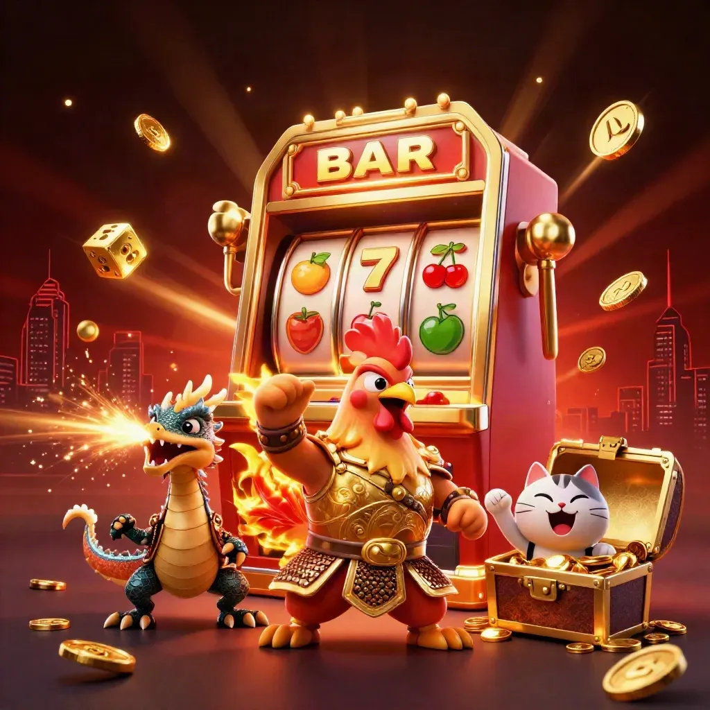 Rooster warrior, dragon hatchling, and fortune-cat amid exploding jackpot gold and slot symbols.