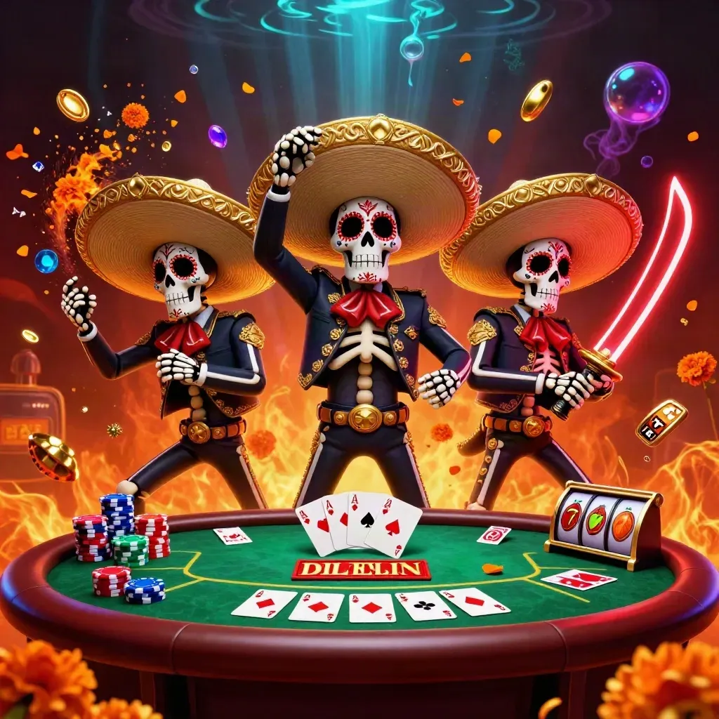 Skeleton mariachi trio with a neon sword, chips, cards, and casino effects bursting in fantasy key art