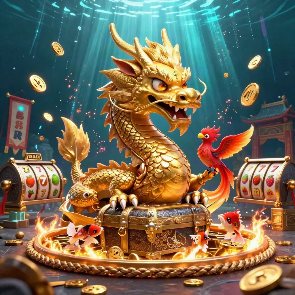 Golden dragon with phoenix and koi amid treasure, coins, temple gate, and casino effects.