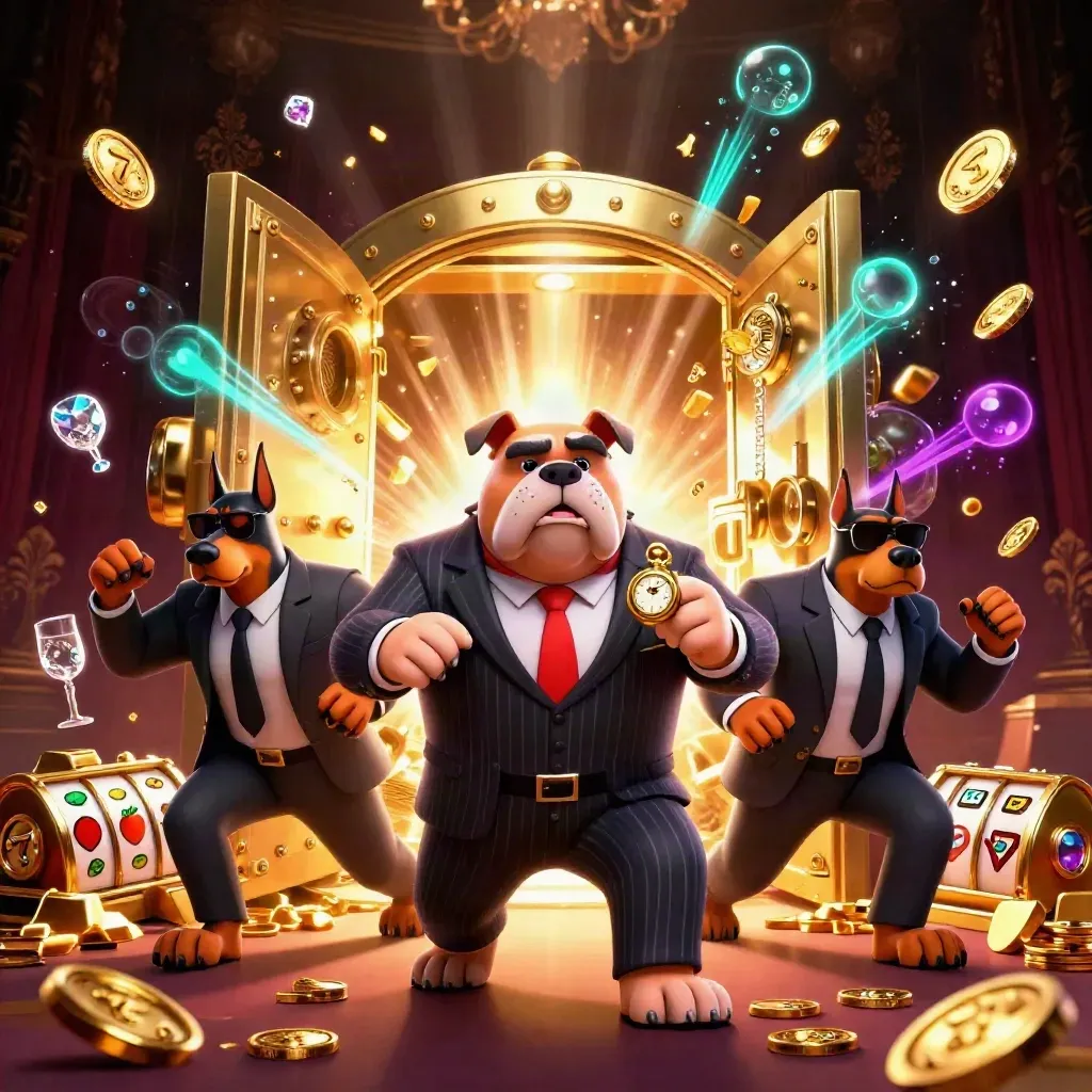 Bulldog mob boss and Doberman guards explode from a vault with gold, gems, reels, and firelight.