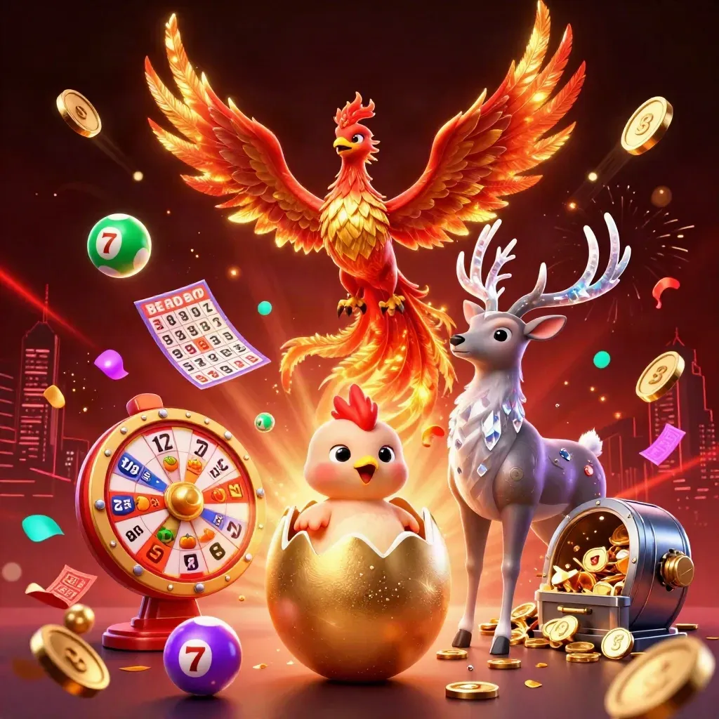 Phoenix, hatching egg, and crystal stag burst with coins, slots, and fireworks in a dark casino sky