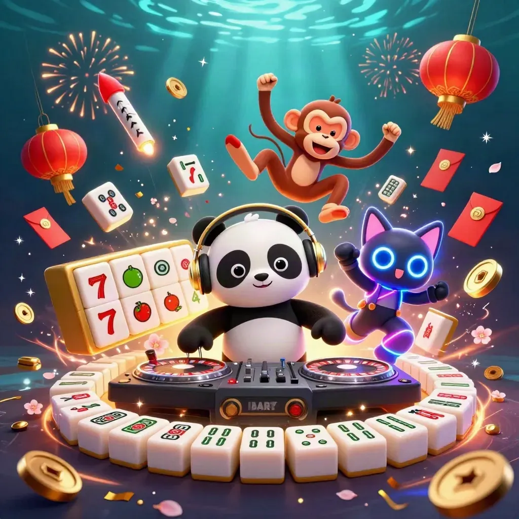 DJ panda, monkey, and glow-stick kitten in a treasure-filled casino burst.