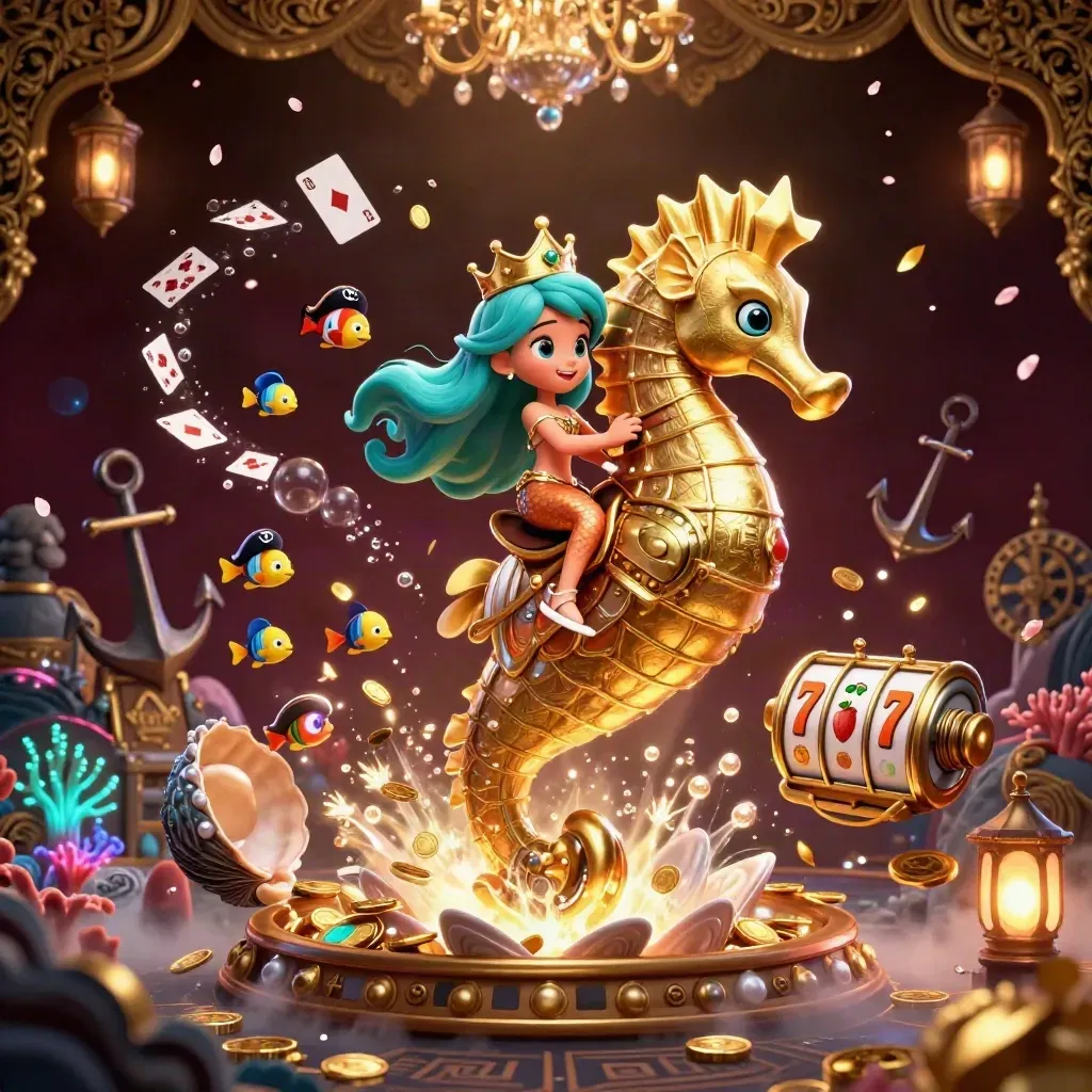 Mermaid princess on a gold-armored seahorse amid coins, fish, reels, and treasure in dark casino glow