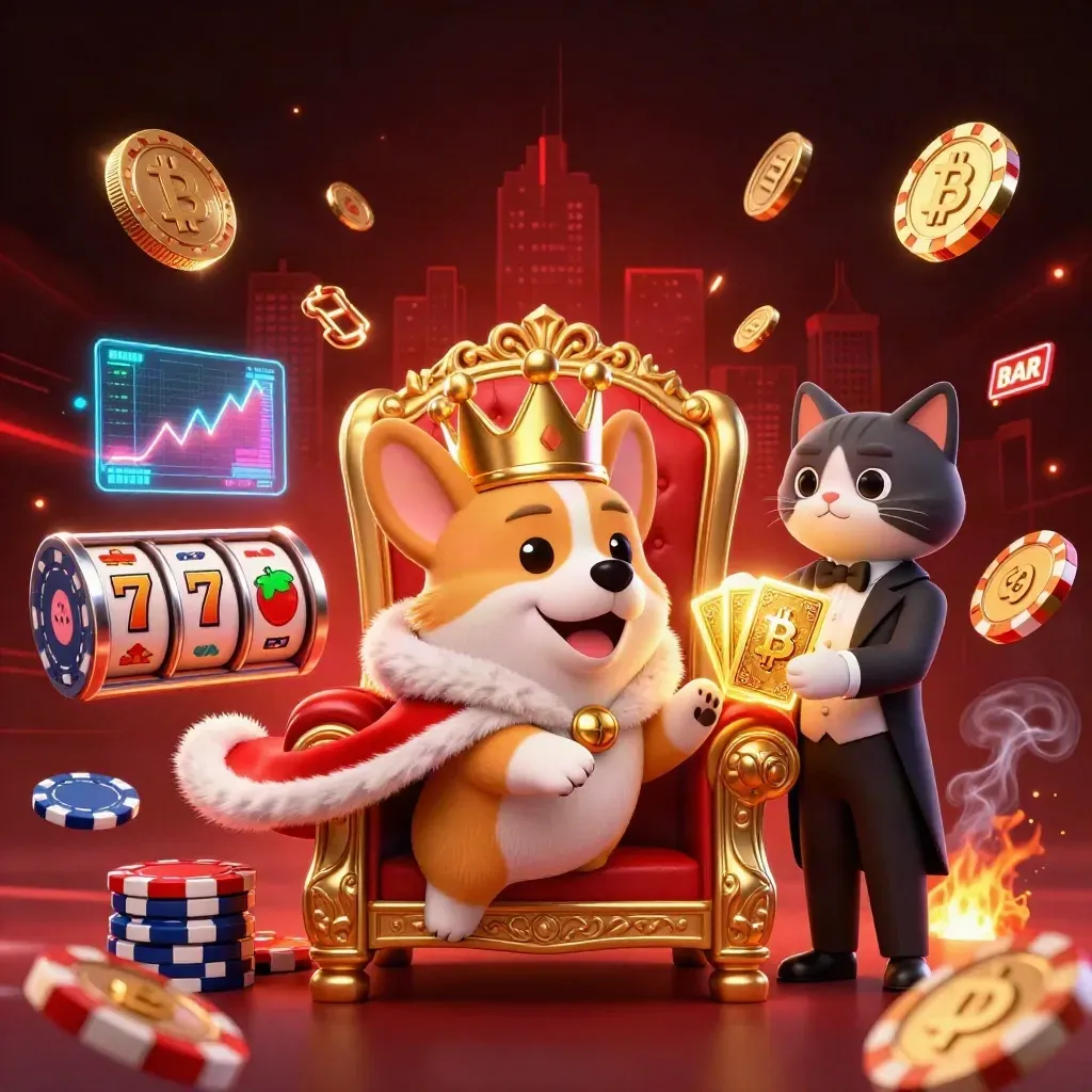 Royal corgi on chip throne with cat butler and casino coins in a dark red glow