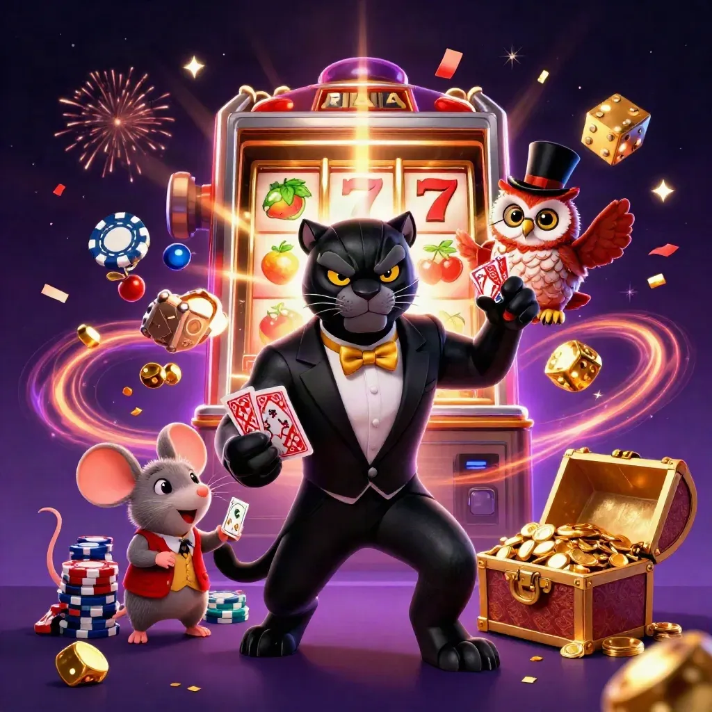 Panther, owl, and mouse amid jackpot bursts, slot symbols, gold, and magic on a dark casino backdrop.