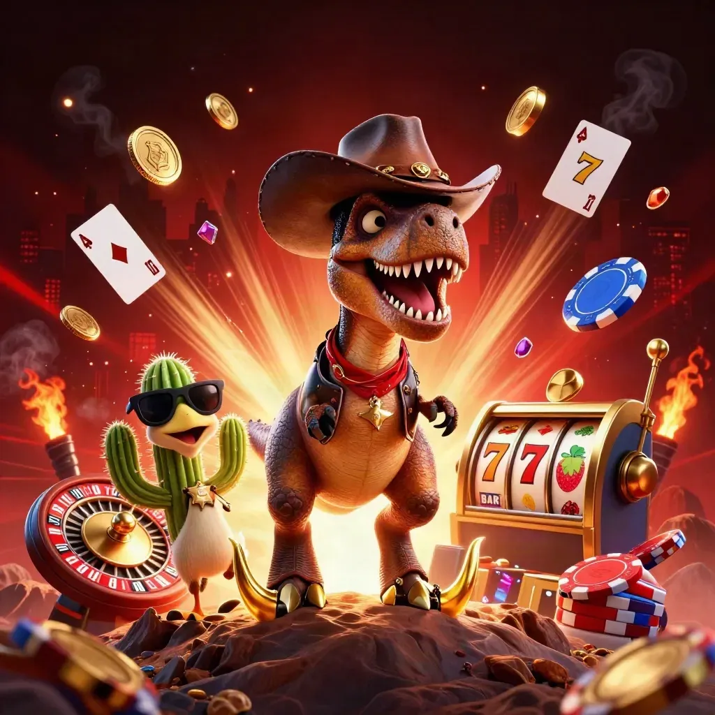 Cowboy T-Rex, cactus sidekick, and sheriff roadrunner amid gold coins, chips, reels, and firelight.