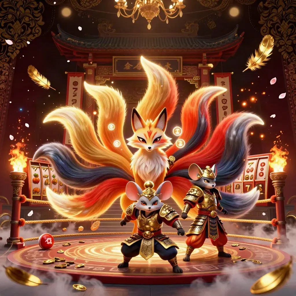 Nine-tailed fox spirit and armored mouse amid casino relics, runes, petals, and gold coins.