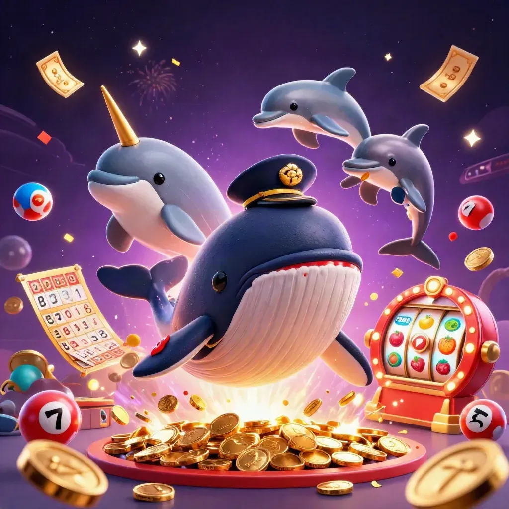 Whale captain, narwhal, and dolphins bursting through coins with slot symbols and magical effects.