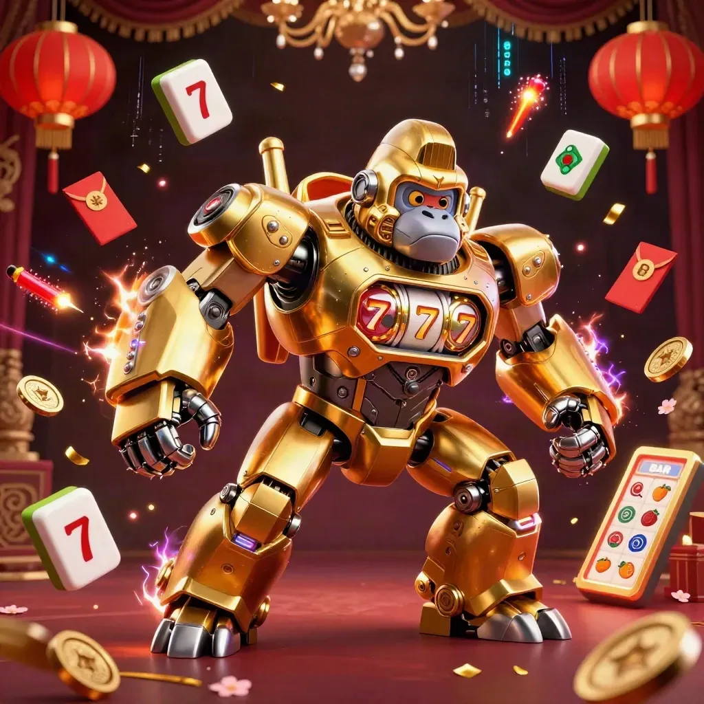 Golden gorilla mech with tiny monkey pilot amid slot relics, lantern sparks, coins and neon energy.