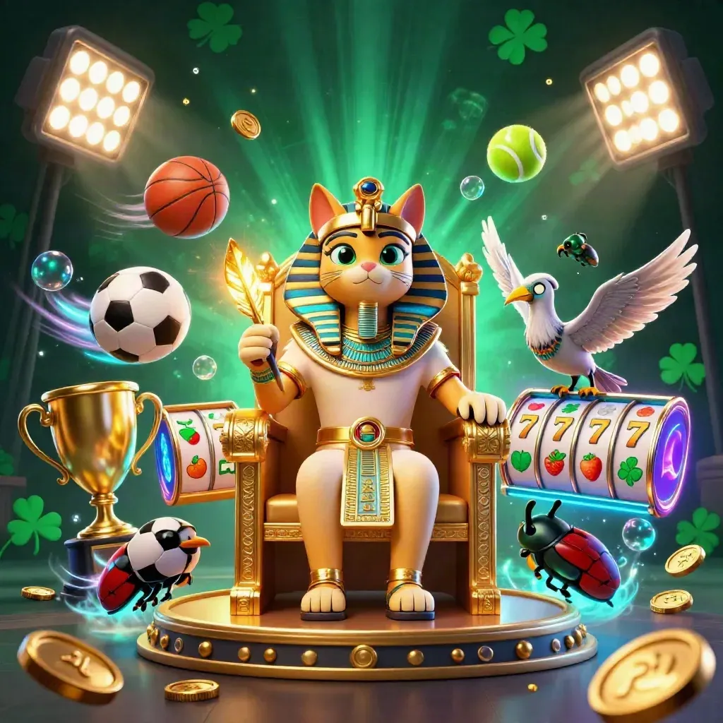 Pharaoh cat on a golden throne with ibis scribe, scarabs, coins, and casino glow.